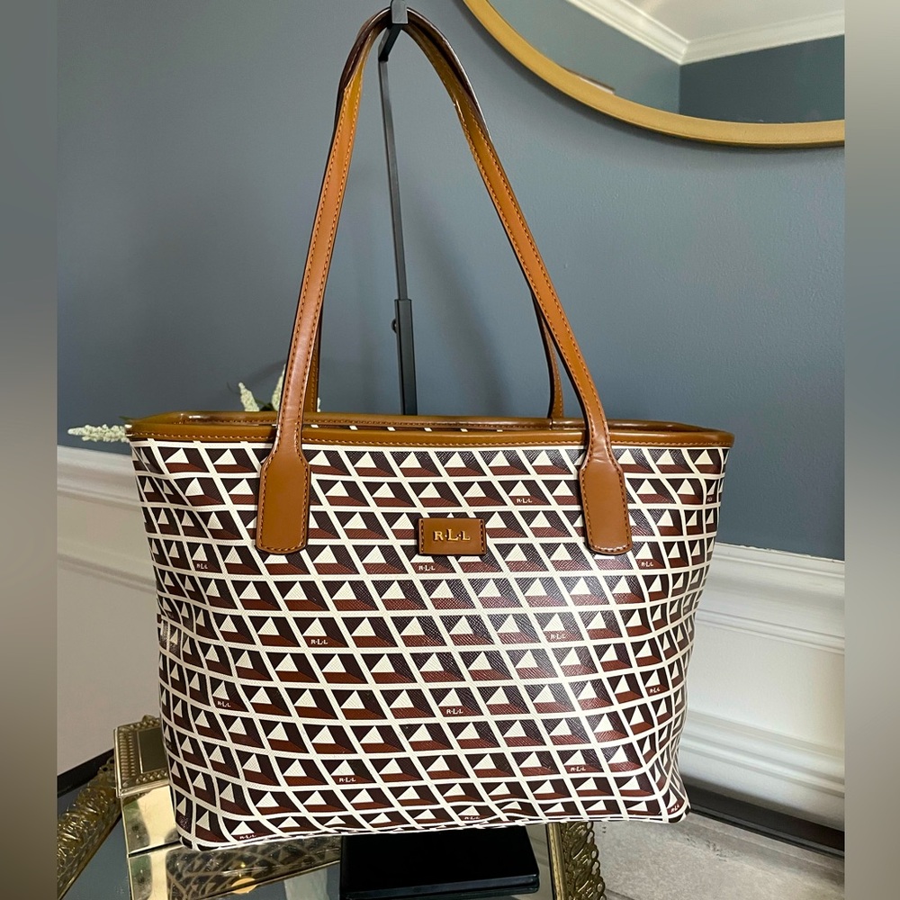 Ralph Lauren Brown, White & Tan Geometric Tote